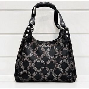 Coach Ashley Triple Compartment Dotted OP Art Hobo Tote Handbag Bag Black F21920